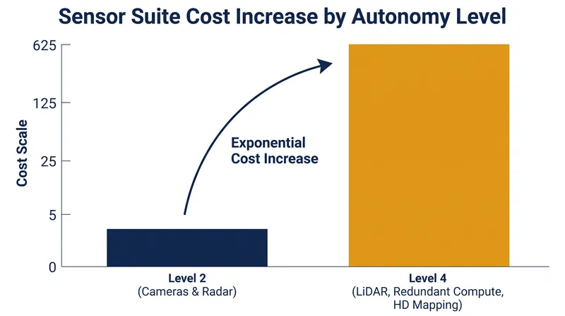 The hardware cost required to achieve true Level 4 autonomy currently restricts it to commercial fleet operations.
