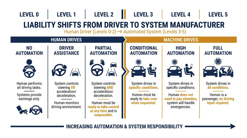 The critical threshold in driving automation lies between Level 2 and Level 3, where liability shifts from the human to the machine.