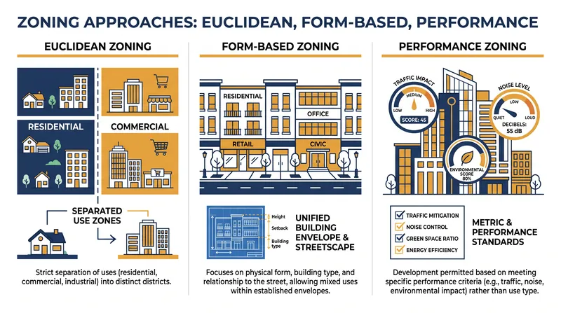 How different zoning frameworks regulate the built environment.