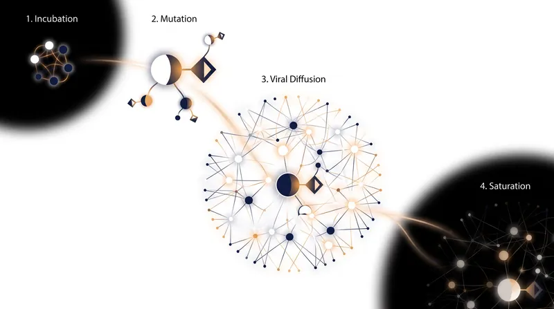The evolutionary lifecycle of a digital meme from niche incubation to global saturation.