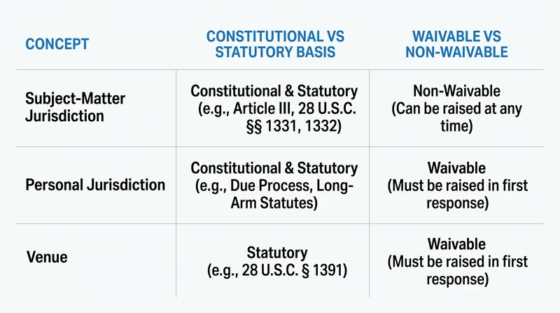 Key differences in waivability and legal origins among the three doctrines.