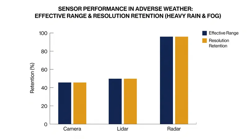 In heavy precipitation, optical sensors like cameras and Lidar lose significant resolution, forcing the vehicle to rely on radar.