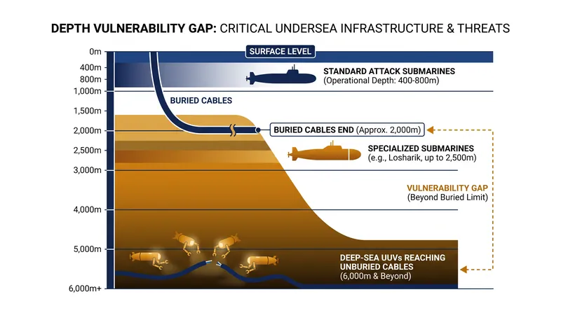 The deep-ocean vulnerability gap: how specialized platforms bypass the depth limits of conventional submarines.