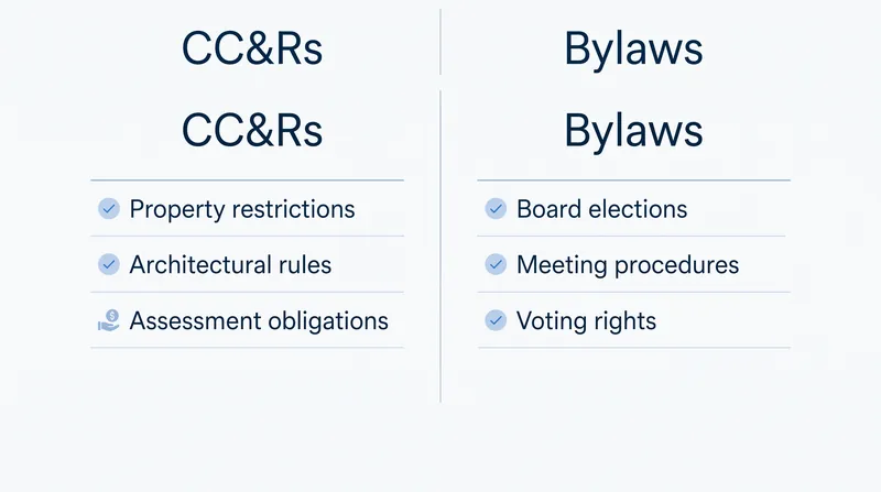CC&Rs govern what you can do with your property, while Bylaws govern how the association itself is run.