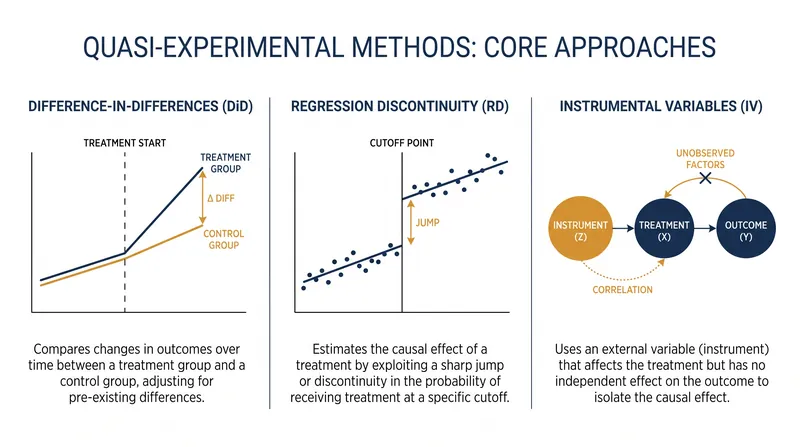 Three primary methods researchers use to extract causal relationships without random assignment.