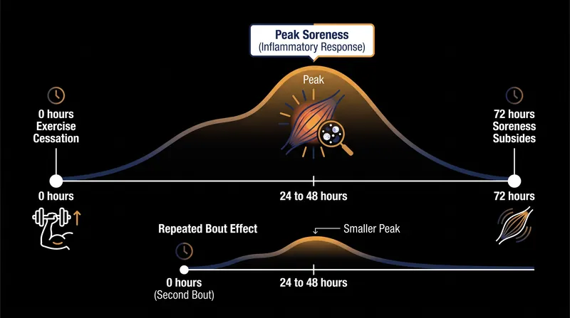 The timeline of DOMS and the protective adaptation of the repeated bout effect.