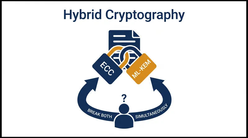 Hybrid cryptography combines traditional and post-quantum algorithms, requiring an attacker to break both to access the data.