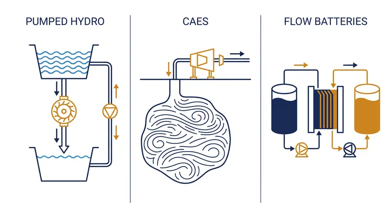 Different LDES technologies utilize distinct physical and chemical mechanisms to store energy for extended periods.