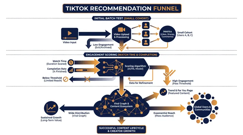 How a new video moves through TikTok's tiered batch-testing system.