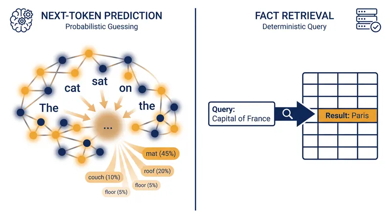 Unlike traditional databases that retrieve stored facts, language models calculate the mathematical probability of the next word in a sequence.