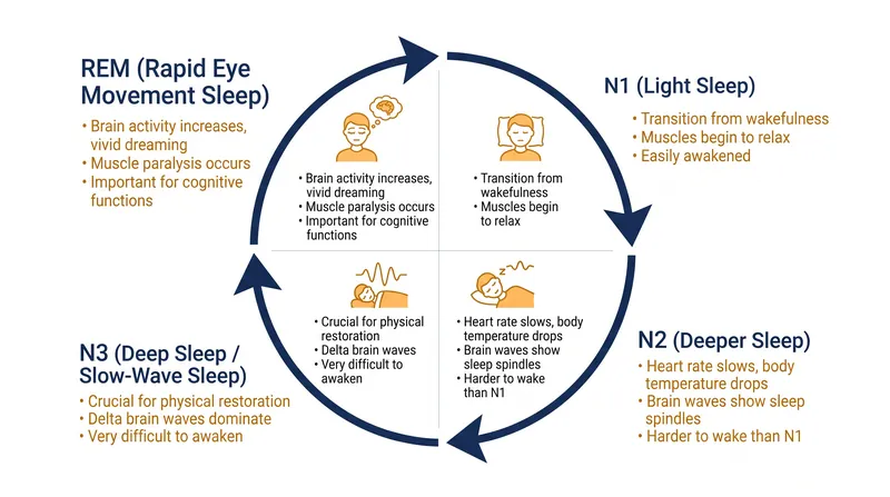 The four stages of sleep form a continuous cycle that repeats every 90 to 110 minutes.