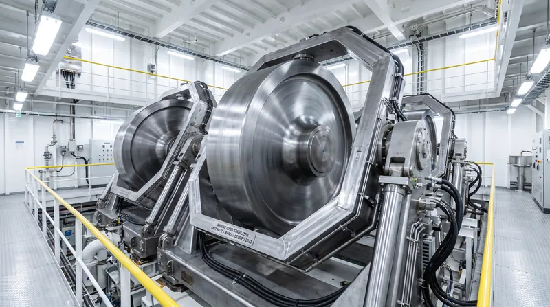 Internal gyroscopes spin at high speeds to generate torque that physically resists the rolling motion of the hull.
