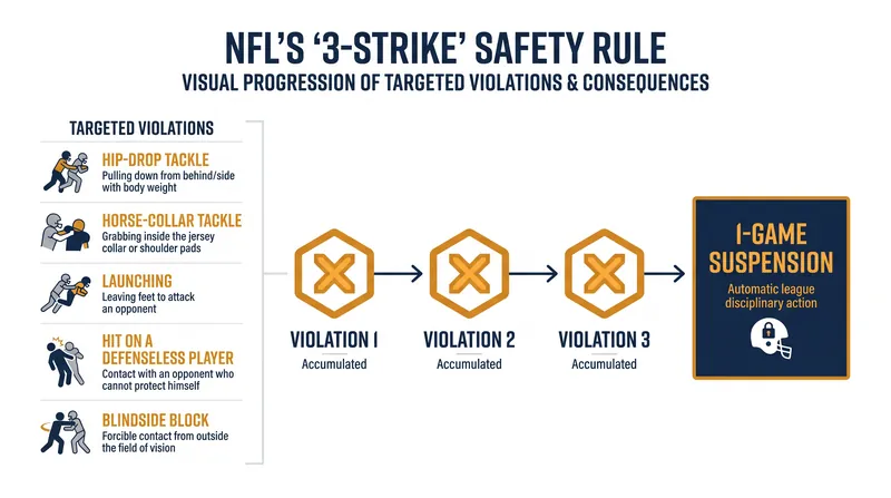 Players who accumulate three violations across five key safety categories will face an automatic suspension.
