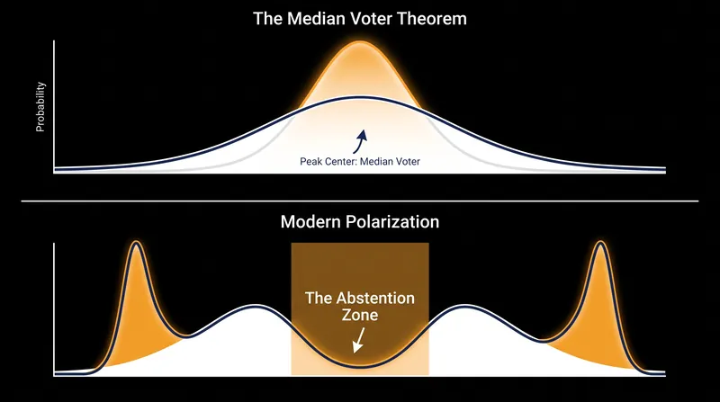 The shift from a normal distribution to a bimodal electorate fundamentally changes campaign incentives.