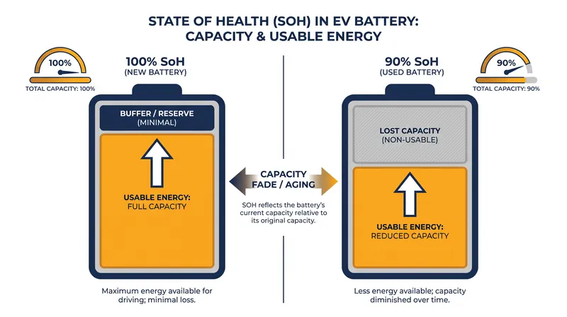 State of Health measures the permanent capacity loss of the battery pack.