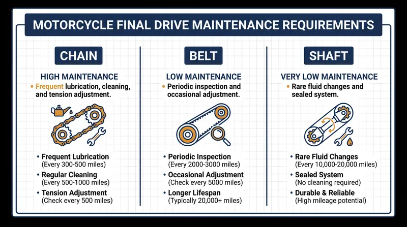 Chain drives require the most frequent owner intervention, while shaft drives operate in a sealed, low-maintenance environment.