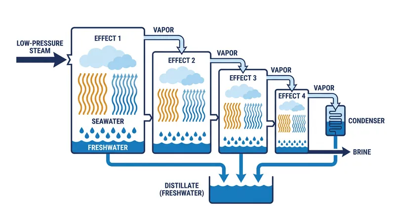 The mechanics of Multi-Effect Distillation (MED).
