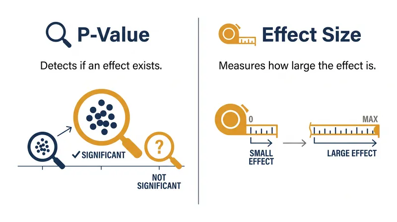 P-values flag the presence of an effect, while effect size measures its real-world magnitude.