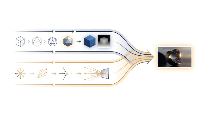 The hybrid pipeline combines a rasterized geometric foundation with selective ray-traced lighting effects.