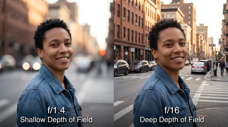 A wide aperture (like f/1.4) isolates the subject by blurring the background, while a narrow aperture (like f/16) keeps the entire scene in focus.