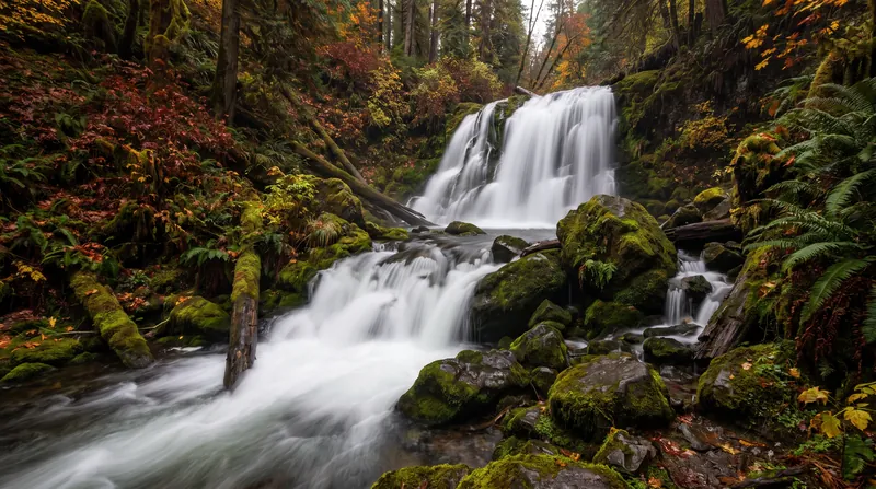 A slow shutter speed intentionally blurs moving elements, transforming turbulent water into a smooth mist.