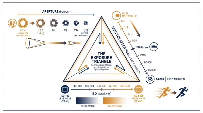 The exposure triangle illustrates how adjusting one variable requires compensating with another to maintain the same light level.