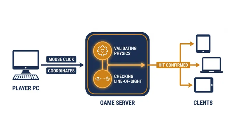 Server-authoritative architecture prevents clients from dictating the game state.