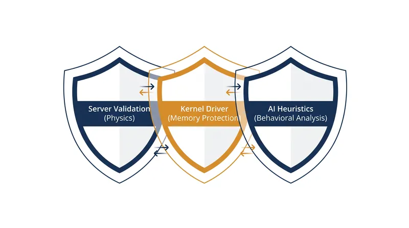 Modern game security relies on a multi-layered approach to catch different classes of cheats.