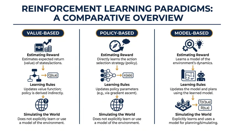 The three primary paradigms of reinforcement learning dictate how an agent processes its environment.