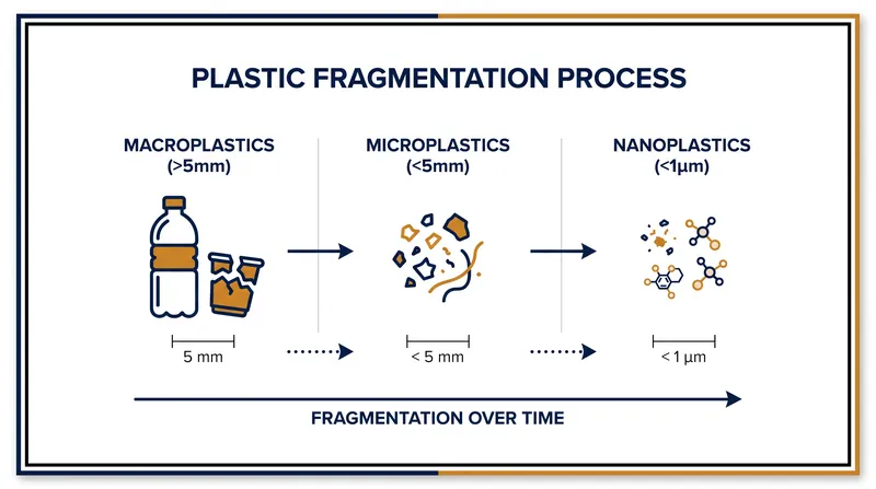 The degradation pipeline from macroscopic plastic waste to bioavailable nanoplastics.