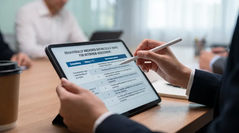 Behaviorally Anchored Rating Scales (BARS) force interviewers to score responses in real-time, reducing memory degradation and bias.