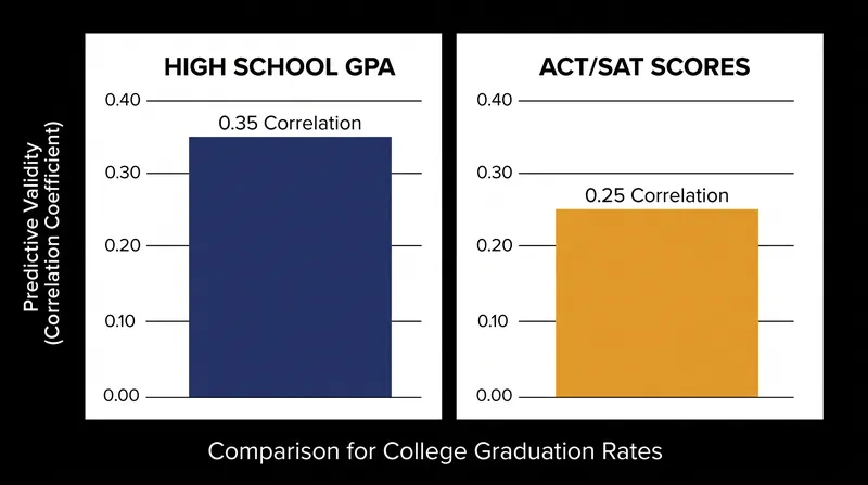 High school GPA shows a stronger correlation with overall college graduation rates across broad university systems.