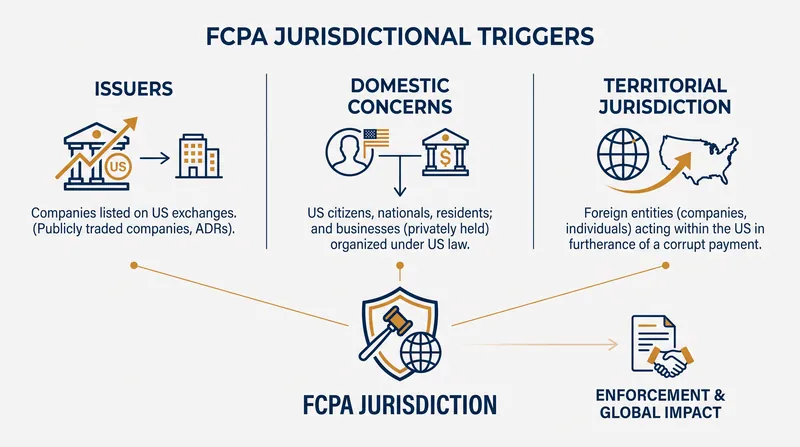 The FCPA establishes jurisdiction through securities issuance, domestic status, or territorial acts.