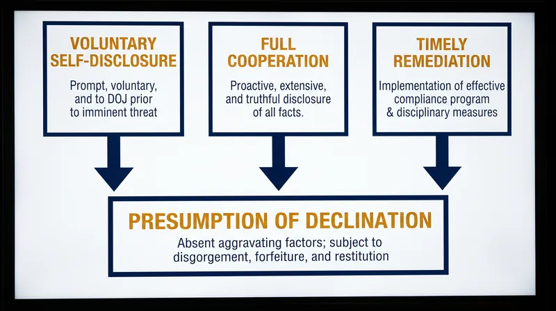 The DOJ incentivizes corporate self-policing by offering a presumption of declination for companies that self-disclose and remediate misconduct.