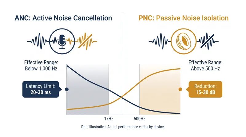 ANC and PNC target entirely different frequency ranges, making them complementary rather than competitive.
