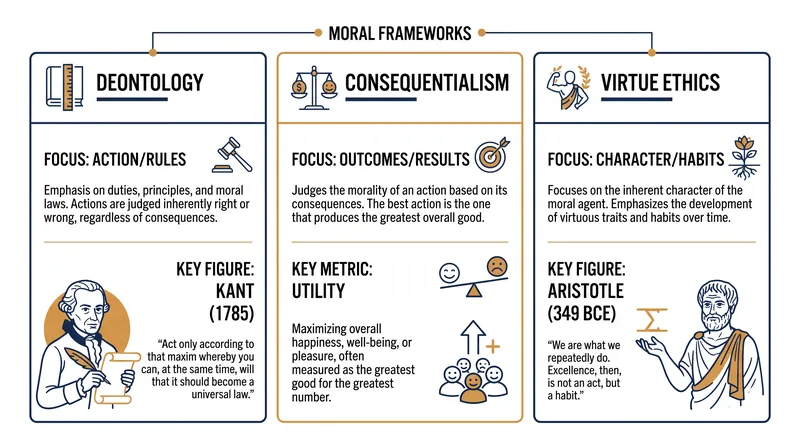 How the three major frameworks evaluate the morality of an action.