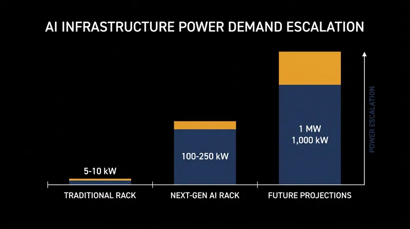 The power requirements for AI computing racks are projected to increase by orders of magnitude as model complexity grows.