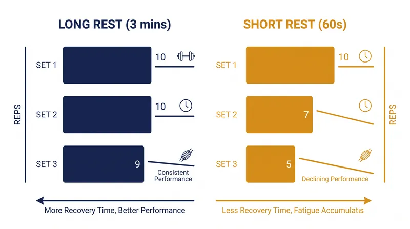 Short rest periods rapidly degrade repetition performance across multiple sets.