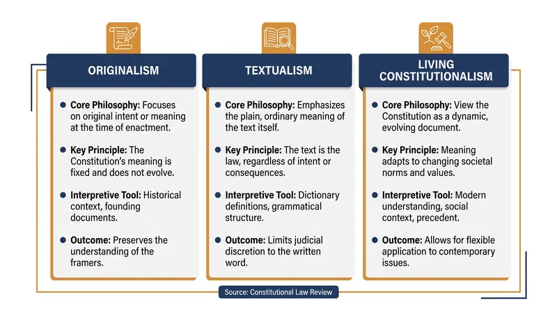 The three primary frameworks dictate how jurists approach constitutional text.