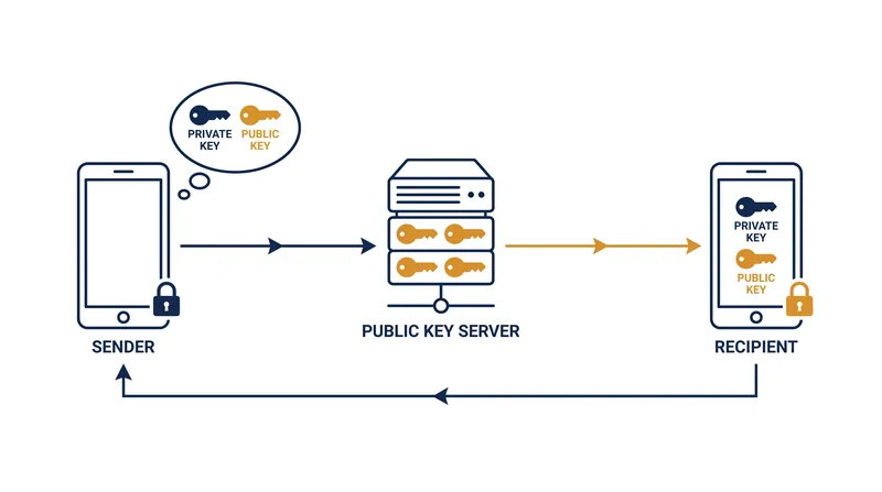 In asymmetric cryptography, public keys act as open padlocks that anyone can use to secure a message, while private keys remain hidden on the device.