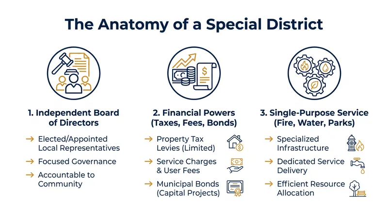Unlike general-purpose cities, special districts are typically formed to deliver a single, targeted service.