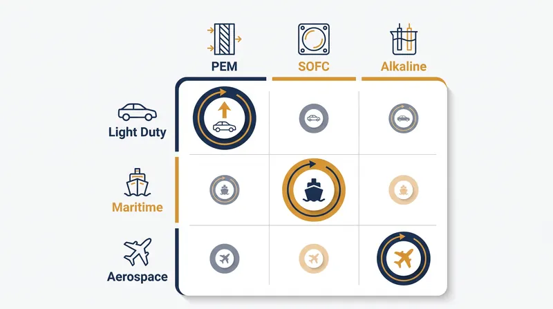 Each fuel cell architecture aligns with specific transportation sectors based on its thermal and chemical properties.