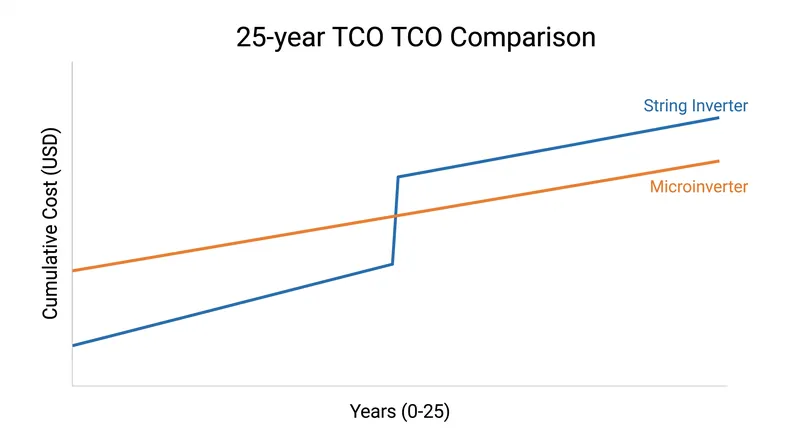 Over a 25-year lifespan, the replacement cost of a string inverter often bridges the initial price gap with microinverters.