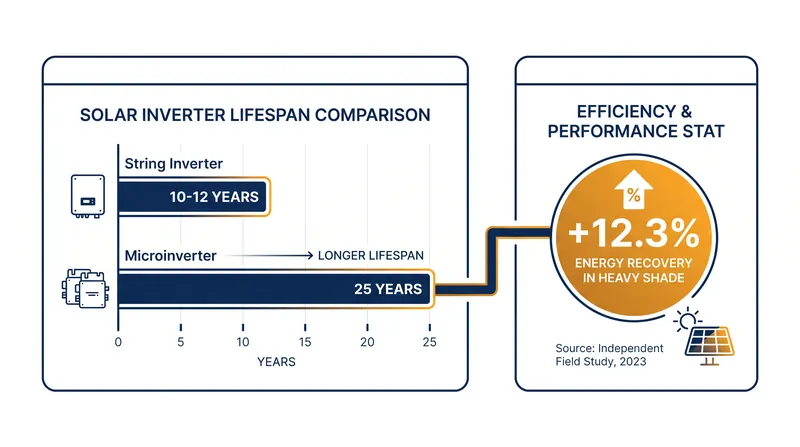 Microinverters carry longer warranties and recover significant energy in shaded conditions compared to string inverters.