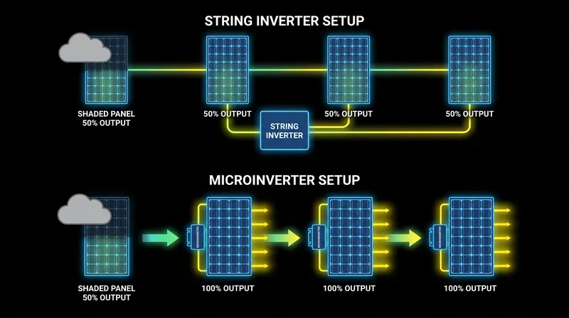 How string inverters and microinverters handle partial roof shading.