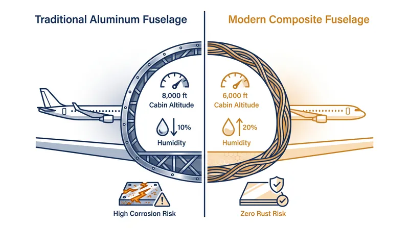 Carbon-fiber reinforced polymers allow next-generation aircraft to maintain a more comfortable micro-climate without risking structural corrosion.