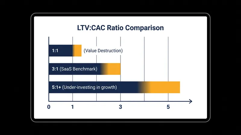 The 3:1 ratio is the gold standard for SaaS, balancing sustainable unit economics with aggressive growth.
