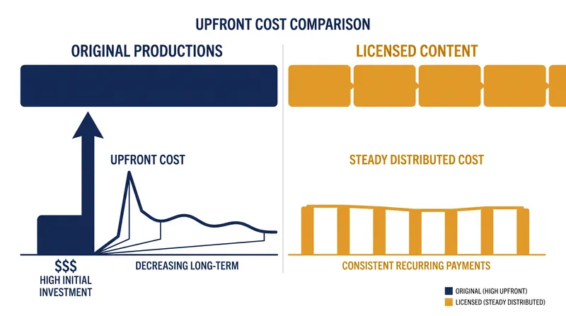 Original productions require massive upfront capital, while licensing spreads costs over time.