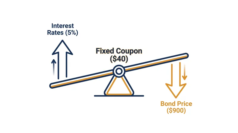 The fixed-income seesaw: When new market rates rise, the price of existing bonds must fall to offer a competitive yield.