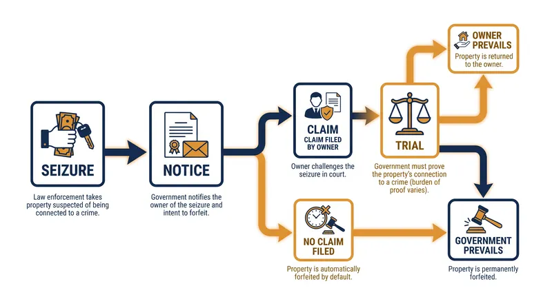 The procedural flow of a civil asset forfeiture case shifts the burden of proof to the property owner.